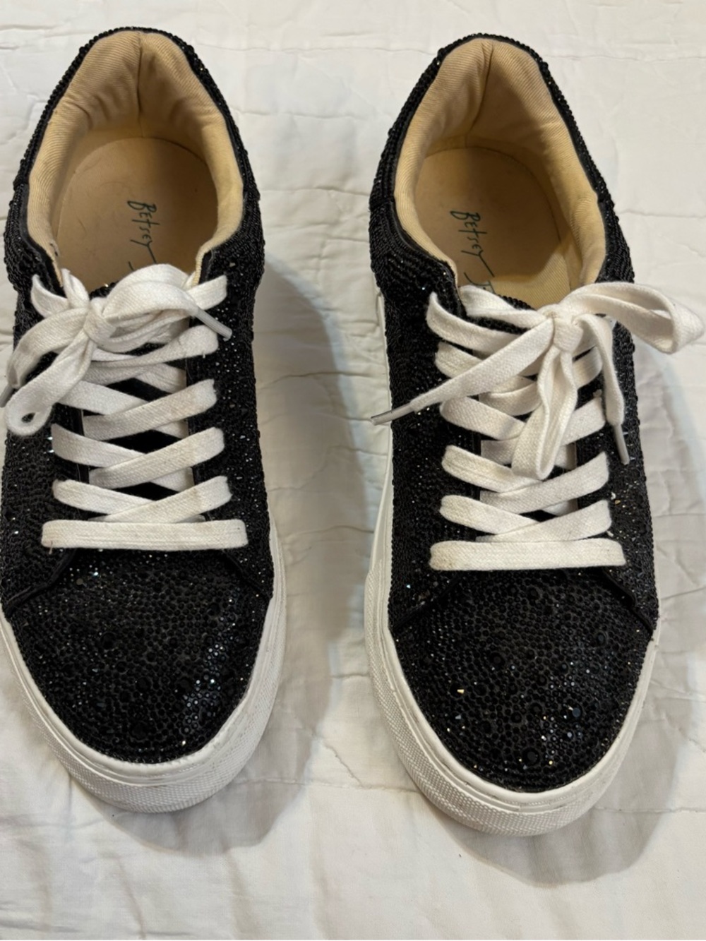 Betsey Johnson Sidney Black Beaded Platform Sneakers with White Laces